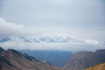 The mountain top shrouded in clouds in the distance and the nearby hillside