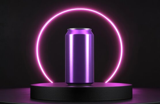 Purple metallic can on a black pedestal, illuminated by a glowing pink circle