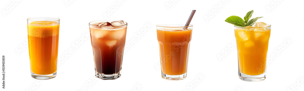 Poster set of different refreshing drinks in glasses. isolated on transparent background