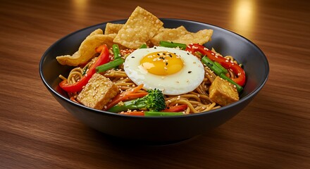 Appetizing Ramen Bowl with Tofu, Vegetables and Egg - Asian Cuisine
