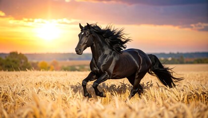 Black horse running sunset field.