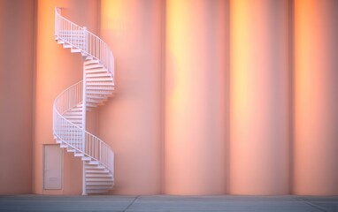 Modern spiral staircase against a light peach wall