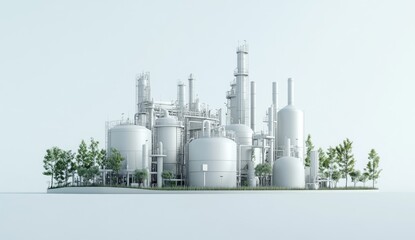 Obraz premium Modern, light gray industrial complex nestled amidst greenery on a plain background