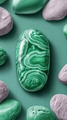 Closeup of Swirling Green Malachite Stone on Teal Background