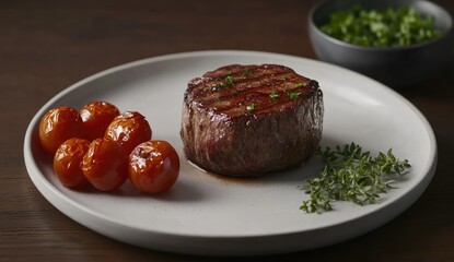 Grilled steak with cherry tomatoes and fresh herbs on a plate