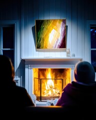 Couple Relaxing by a Warm Fireplace with Abstract Artwork