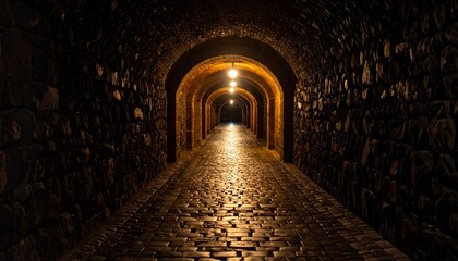 Fototapeta premium Mysterious Stone Tunnel Pathway Lit by Warm Lights.