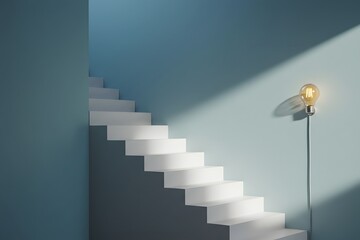 Light bulb floating next to a minimalist staircase, interior a light blue wall and a staircase of white concrete. A beam of light illuminates the staircase, a lit lightbulb is placed on the wall near