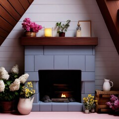 Cozy Fireplace with Blooming Flowers in a Rustic Room