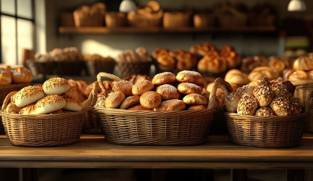 Display of various baked goods in wicker baskets on a wooden counter. Sunlight streams through a window, highlighting the warm tones of the breads and pastries