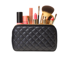 A beautiful quilted leather cosmetic bag with full of makeup and beauty products isolated against a transparent background 