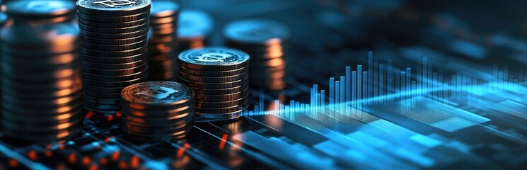 Stacks of dark coins with digital financial data overlay