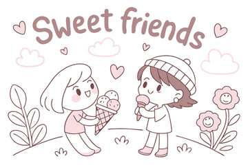 Cute hand drawn kids with ice cream cones