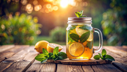 Mint Green Iced Tea in Mason Jar . Drinks concept. Generated Image