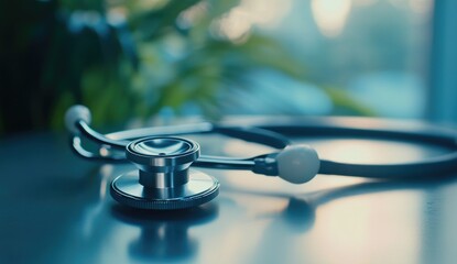 Close-up of a stethoscope on a table, blurred background of plants and light