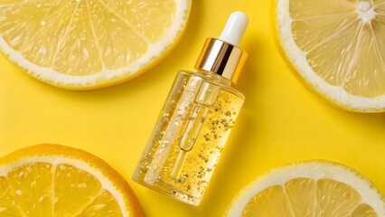 Floating glass facial oil vial catching golden light on bright lemon backdrop—clean, radiant premium skincare shot.