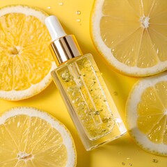 Floating glass facial oil vial catching golden light on bright lemon backdrop—clean, radiant premium skincare shot.