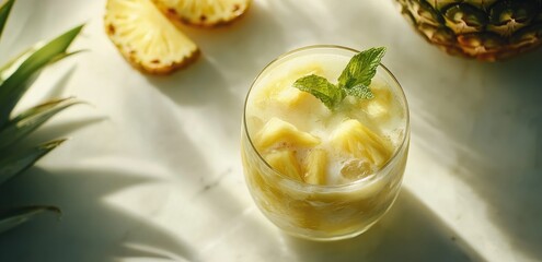 Pineapple and milk drink in a glass, garnished with mint leaves, on a marble surface with pineapple slices