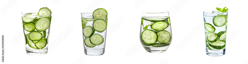 Poster refreshing cucumber water in four glasses. isolated on transparent background