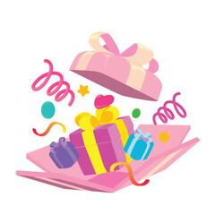 Cheerful flat vector of an open pink present box filled with mini gifts and confetti. Fun cartoon-style illustration for celebrations, holidays, parties, or gift-giving concepts and designs.