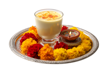 silver tray with a diya and marigold flowers arranged in yellow and red roses on the left side of a Diwali festival pooja setup isolated against a transparent background