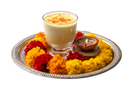 silver tray with a diya and marigold flowers arranged in yellow and red roses on the left side of a Diwali festival pooja setup isolated against a transparent background