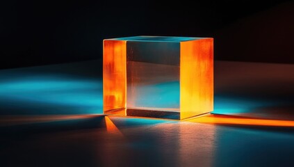 Transparent cube, vibrant lighting, dramatic shadows