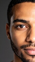 Fototapeta premium Close up portrait of a young man with brown eyes and short hair.