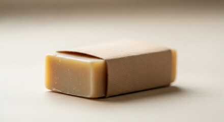A simple bar of soap resting on a neutral surface, partially wrapped in paper, in soft studio light.