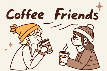 Doodle style friends enjoying coffee together