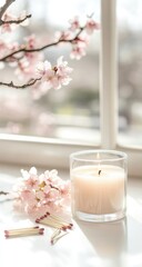 Soft light, spring blossoms, and a candle by a window