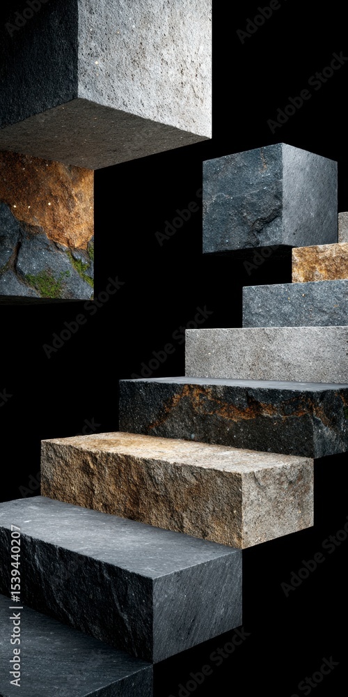 Poster abstract stone blocks staircase 3d render dark background geometric shapes architectur