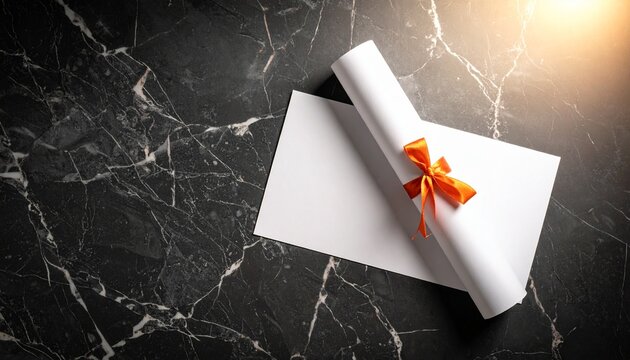 Rolled Certificate with Orange Ribbon on Marble Background Achievement Success Diploma Graduation. - Powered by Adobe