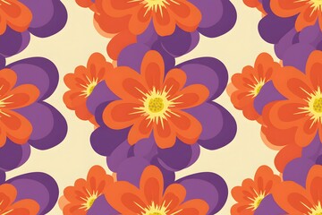A seamless pattern of stylized flowers in shades of orange and purple, with yellow centers, on a cream background, flat design, Seamless Floral Pattern Pastel Orange and Purple Flowers Background