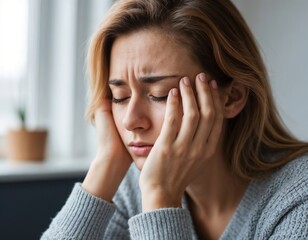 Fototapeta premium Young woman with eyes closed showing stress while sitting indoors 
