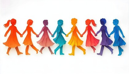 Colorful paper cutout figures of eight girls holding hands in a line showing unity and diversity with warm and cool tones