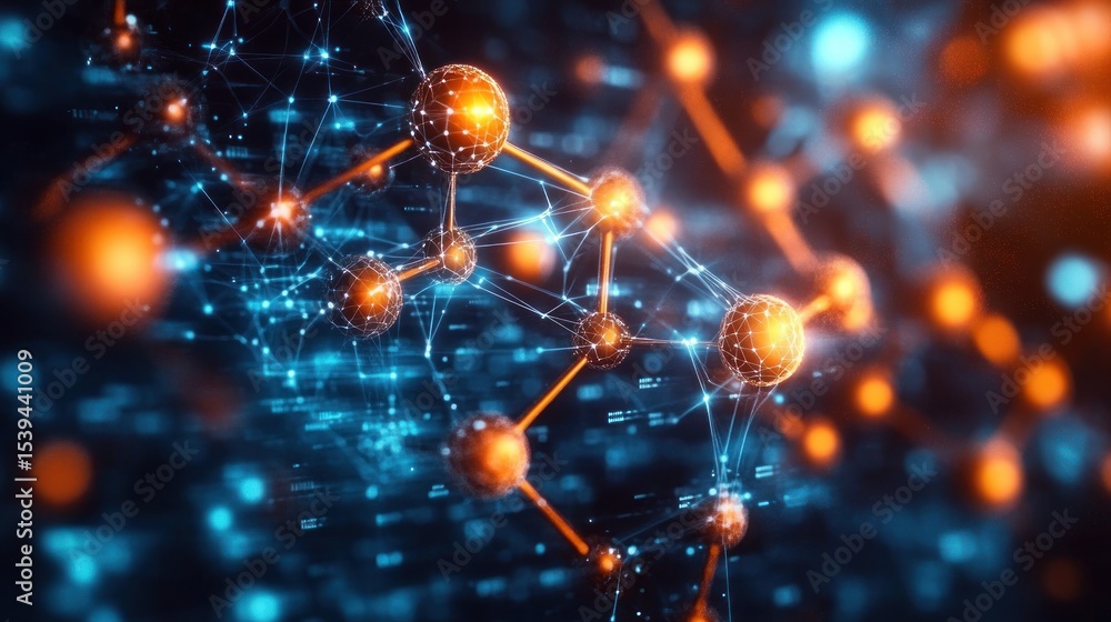 Poster futuristic interconnected glowing orange spheres linked by lines forming a complex network on a dark
