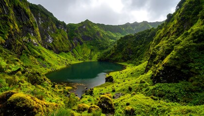 Volcanic Lake with Lush Green Landscape.