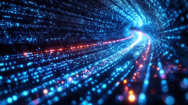 Glowing blue and red light trails creating a dynamic tunnel effect symbolizing digital data flow and high-speed technology