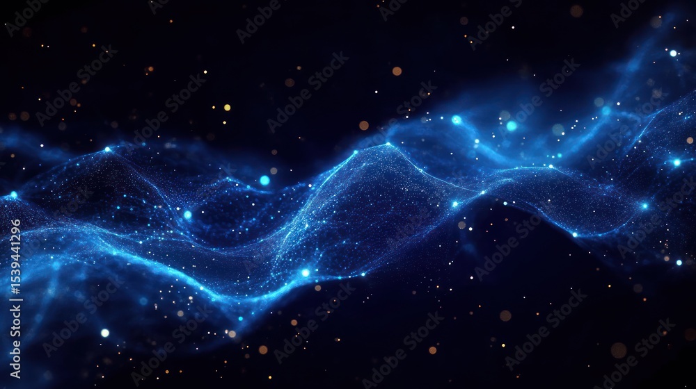 Poster glowing blue wave of particles and digital mesh floating in dark space with scattered light orbs evo