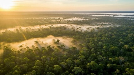 Aerial view of amazon rainforest with morning fog and sunlight nature landscape scenery image stock photo sunrise in the amazon rainforest - Powered by Adobe