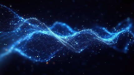 Abstract glowing blue network wave with interconnected points and lines floating in dark space, representing data flow and digital connectivity