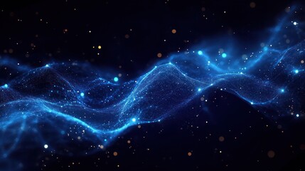 Glowing blue wave of particles and digital mesh floating in dark space with scattered light orbs evoking a sense of futuristic technology and mystery
