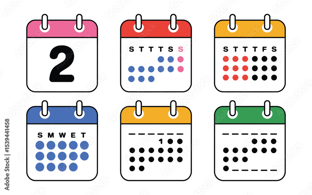Poster six colorful calendar icons representing different days and months scheduling planning and time mana