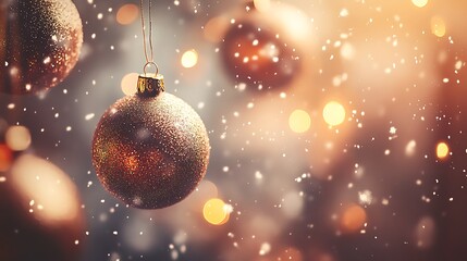 A festive scene with gold Christmas baubles hanging against a blurred, bokeh background of warm lights.