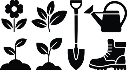 Black silhouette illustrations of gardening tools and plants in a simple and clean design.