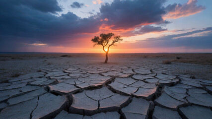 The drought-cracked land under the setting sun