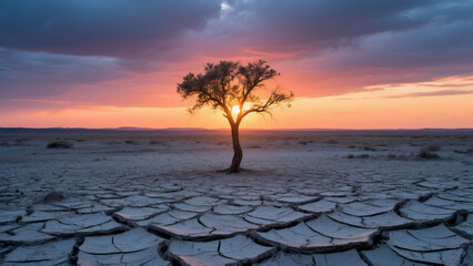 The drought-cracked land under the setting sun
