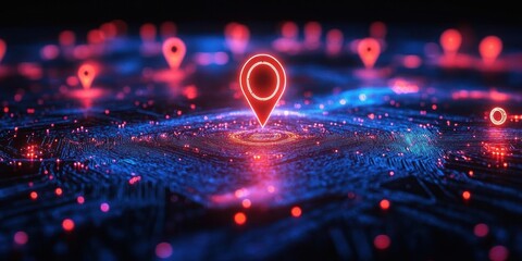 Abstract digital landscape with glowing circuit board and multiple neon map location pins indicating positions in a futuristic style