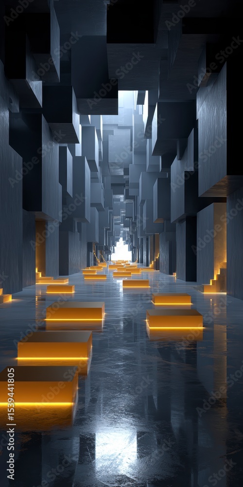 Poster abstract 3d render illuminated geometric corridor modern architecture futuristic design